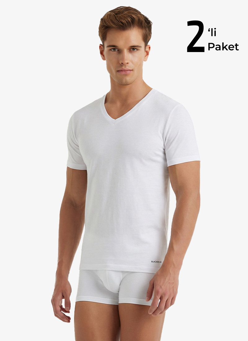 Erkek Fanila 2'li Paket V Yaka Loose Fit 9639 - Beyaz - Blackspade