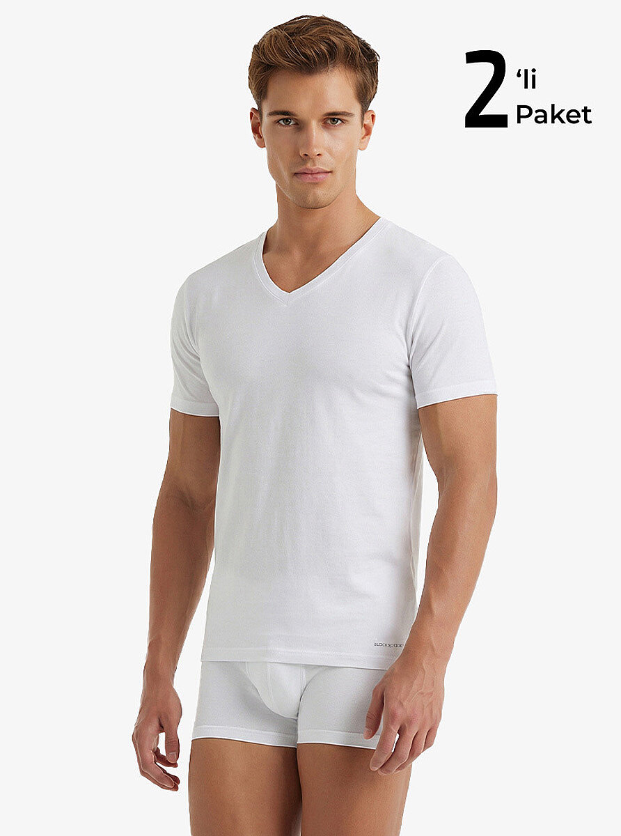 Erkek Fanila V Yaka Loose Fit 2'li Paket 9639 - Beyaz - 1