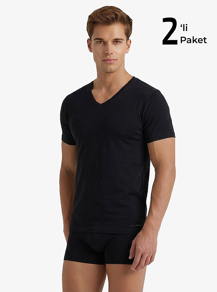 Erkek Fanila V Yaka Loose Fit 2'li Paket 9639 - Siyah - Blackspade