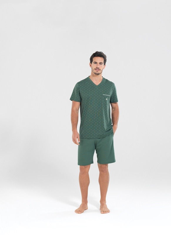 Erkek Kısa Pijama Takımı 30075 - Koyu Yeşil Üçgen Baskılı - 1