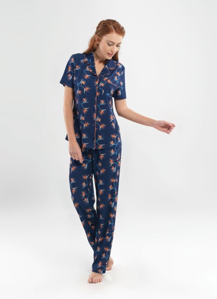 Kadın Lacivert Desenli Pijama Takımı - 6801 - Nilüfer Çiçeği - 1