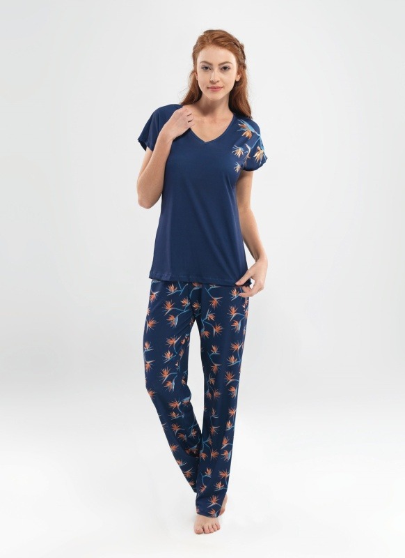 Kadın Lacivert Desenli Pijama Takımı - 6845 - Lacivert - 1