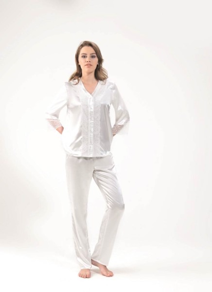 Kadın Saten Pijama Takımı - 6582 - Beyaz - 1