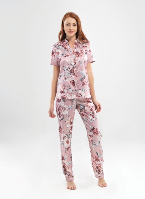 Kadın Saten Pijama Takımı - 6825 - Çiçek Baskılı - 1