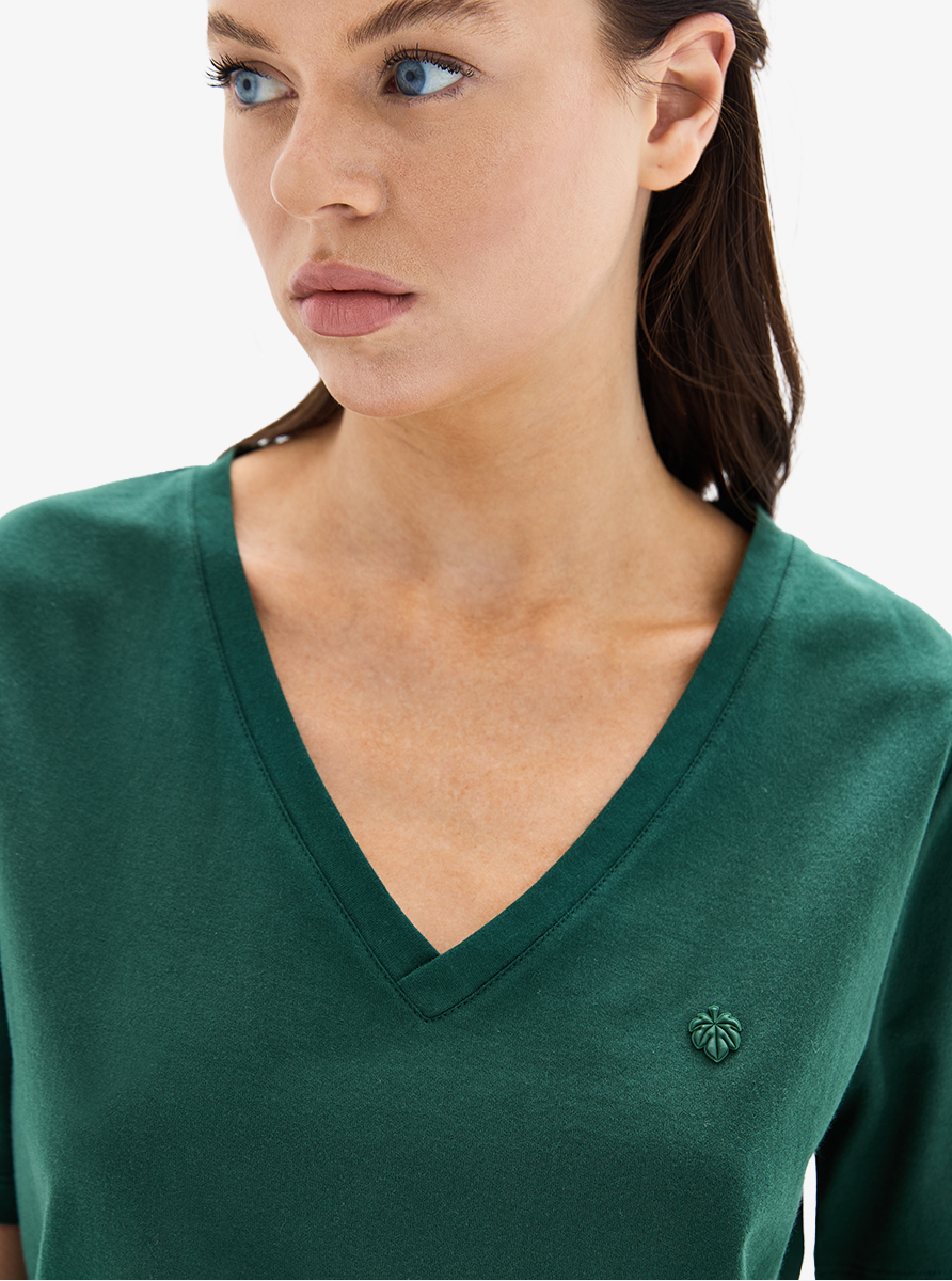 Kadın V Yaka T-Shirt 60629 - Koyu Yeşil - 1