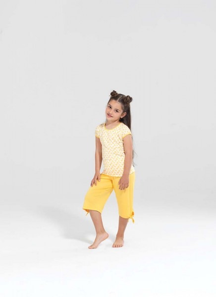 Kız Çocuk Pijama Takımı 50182 - Sarı Kalp Baskılı - 1