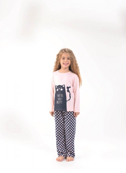 Kız Çocuk Pijama Takımı - 6649 - Pudra - 1