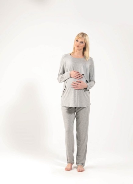 Maternity Kadın Pijama Takımı - 6629 - Gri Melanj - 1